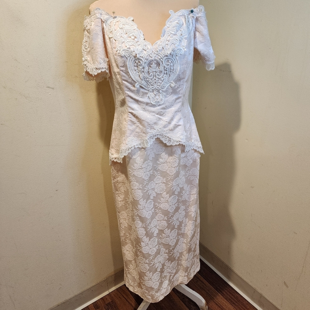Vintage Jessica McClintock Off-shoulder  White Lace Brocade Fabric Dress Sz 14
